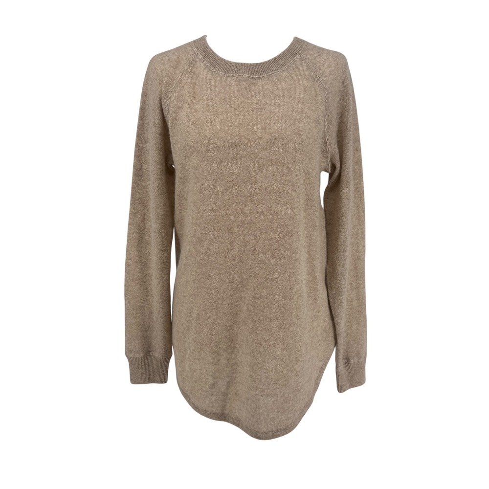 PLY Cashmere Womens Crew Neck Raglan Sweater Tan Beige Size M High Low Hem